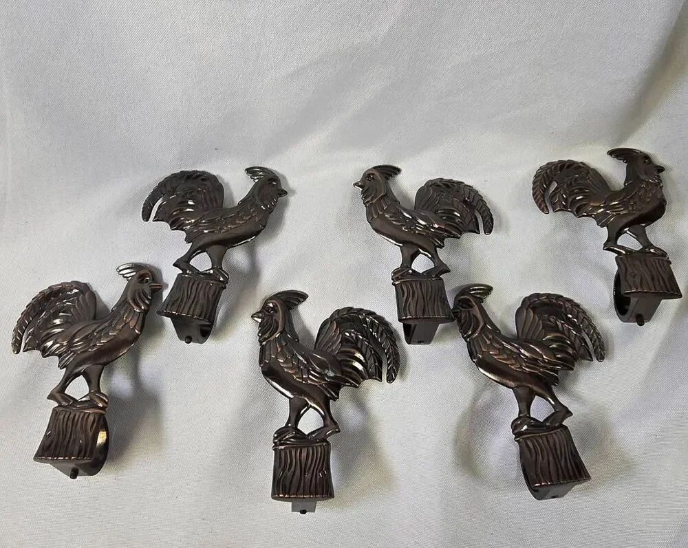 Vintage Kirsch Waverly Rooster Curtain Rod Finials Rosettes - Bronze Finish - Se
